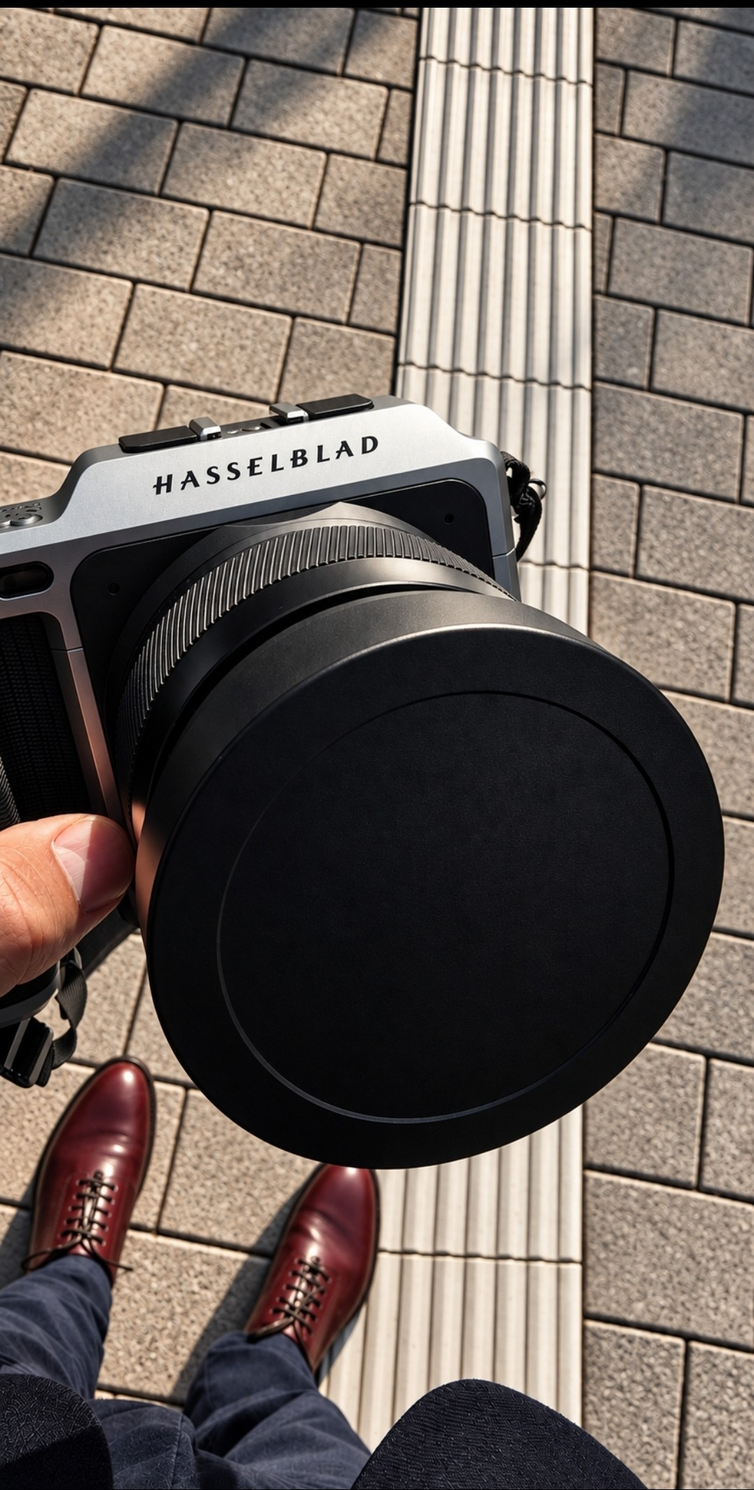 A Hasselblad camera held above a stone pavement.
